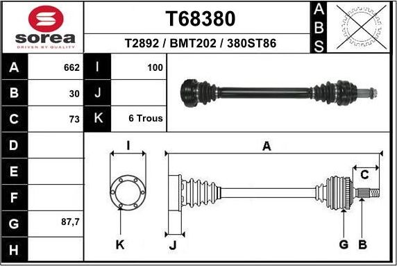 Полуось (привод в сборе, приводной вал) EAI. Артикул T68380