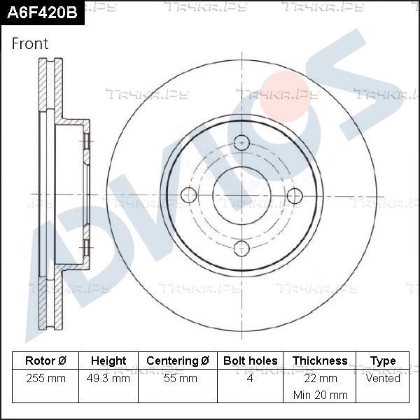 Тормозной диск Advics передний для Toyota Corolla E120, E130 2001-2008. Артикул A6F420B