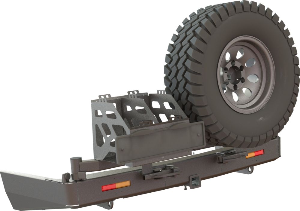 Бампер силовой STC задний для Mitsubishi Pajero Sport III 2015-2026 c квадратом под фаркоп, кронштейном крепления запасного колеса, калиткой с креплением двух канистр слева и дублирующими фонарями. Артикул STC-MPS3-BR-C2C4-L1