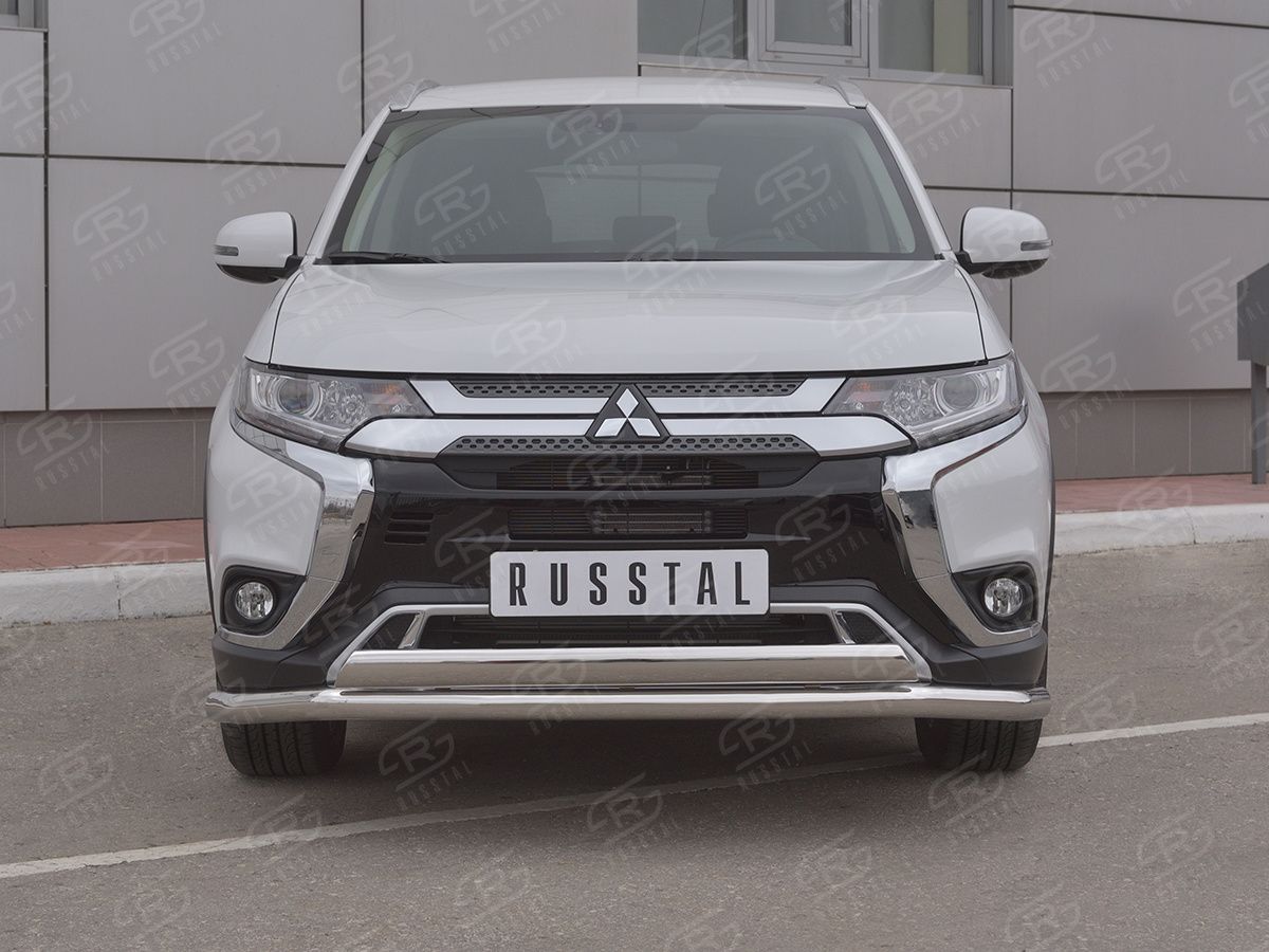 Защита RusStal переднего бампера d63 (секции) d75х42 (дуга) для Mitsubishi Outlander III 3-й рестайлинг 2018-2026. Артикул MOZ-003203
