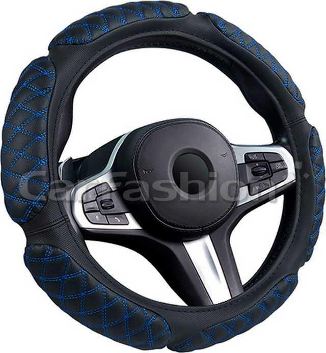 Оплётка на руль CarFashion Scotch (размер M, экокожа, цвет ЧЕРНЫЙ/СИНИЙ). Артикул 31655
