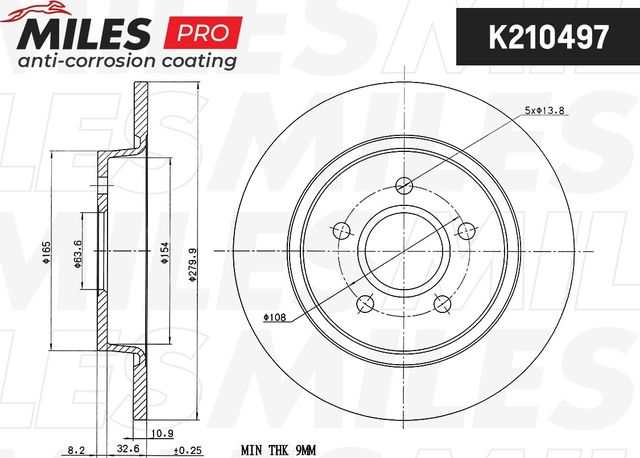 Тормозной диск Miles задний для Volvo V50 I 2004-2012. Артикул K210497