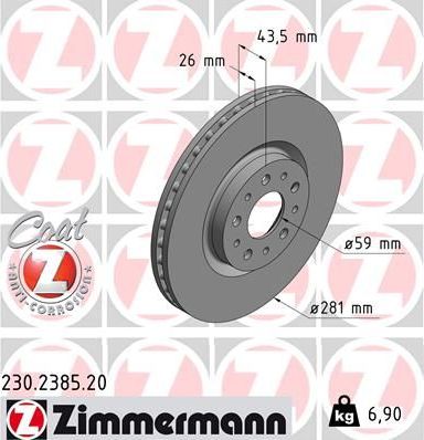 Тормозной диск Zimmermann Coat Z передний для Fiat Tipo 356 2015-2026. Артикул 230.2385.20