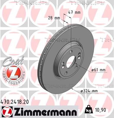 Тормозной диск Zimmermann Coat Z передний для Renault Vel Satis I 2002-2009. Артикул 470.2418.20