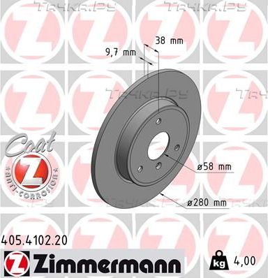Тормозной диск Zimmermann Coat Z передний для Smart Fortwo II (W451) 2007-2015. Артикул 405.4102.20