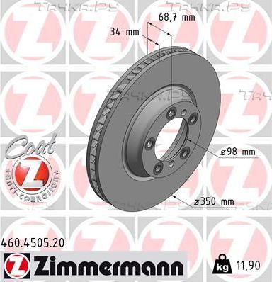 Тормозной диск Zimmermann Coat Z передний правый для Porsche Panamera II 2016-2026. Артикул 460.4505.20