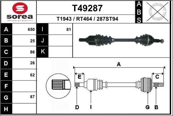 Полуось (привод в сборе, приводной вал) EAI. Артикул T49287