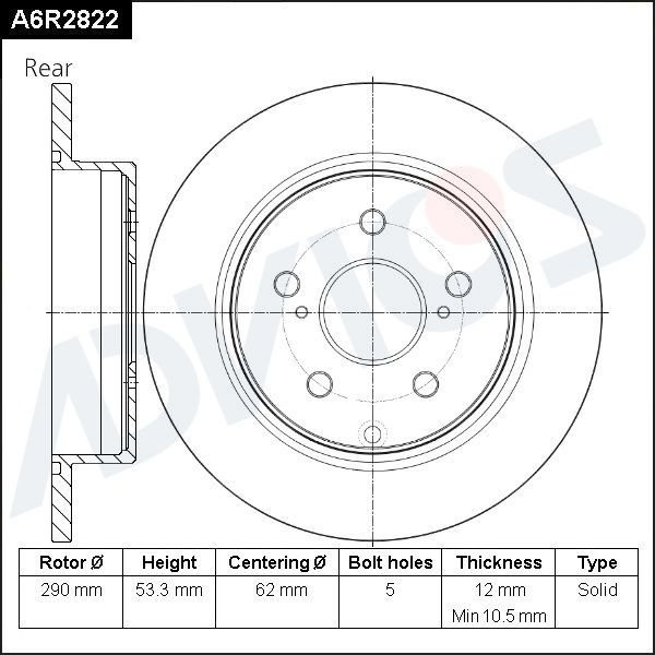 Тормозной диск Advics задний для Toyota Prius III 2011-2015. Артикул A6R2822