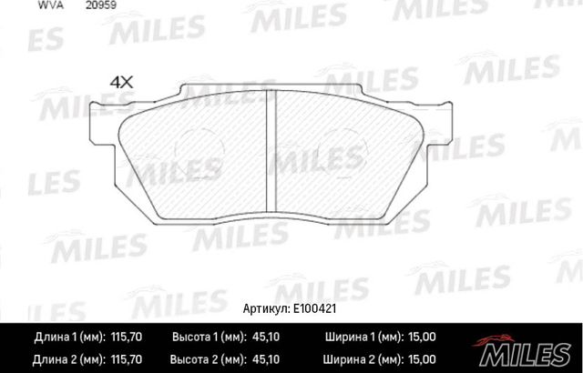 Тормозные колодки Miles (Semi-Metallic) передние для Honda CR-X I 1985-1986. Артикул E100421