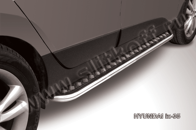 Пороги Slitkoff труба d57 с листом для Hyundai ix35 2009-2026. Артикул Hix35-007
