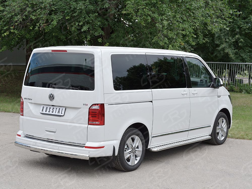 Защита RusStal заднего бампера 75х42 дуга для Volkswagen Transporter T6 (длинная база) 2015-2026. Артикул VTCZ-002336