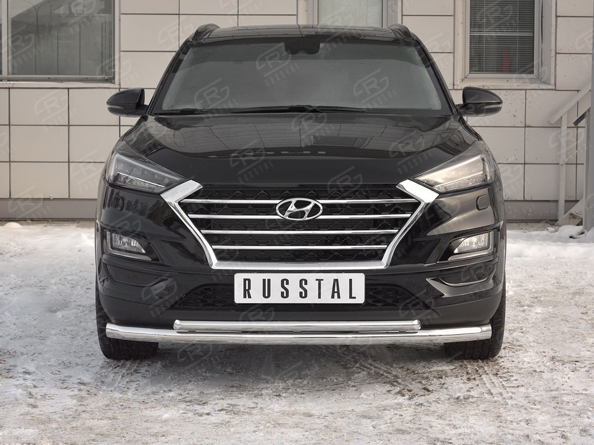 Защита RusStal переднего бампера d63 дуга-d42 дуга для Hyundai Tucson III рестайлинг 2018-2026. Артикул HTZ-003093