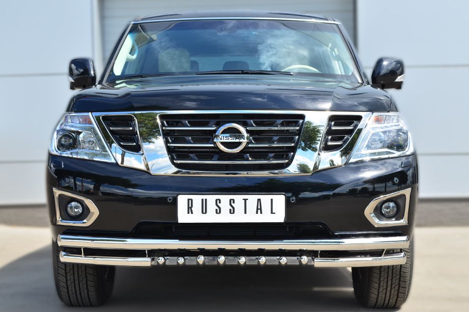 Защита RusStal переднего бампера d63 (секции) d63 (уголки) + d42 (зубы) для Nissan Patrol Y62 2014-2026. Артикул PATZ-001726