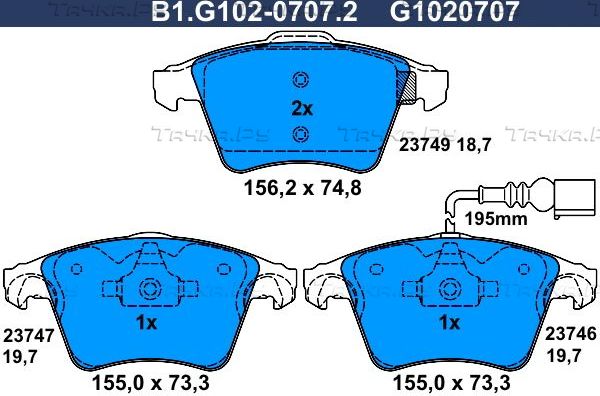 Тормозные колодки Galfer передние для Volkswagen Transporter T6 2015-2026. Артикул B1.G102-0707.2