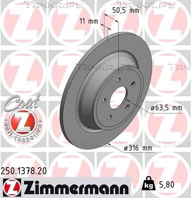 Тормозной диск Zimmermann Coat Z задний для Ford Mondeo V 2014-2026. Артикул 250.1378.20