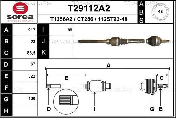 Полуось (привод в сборе, приводной вал) EAI. Артикул T29112A2
