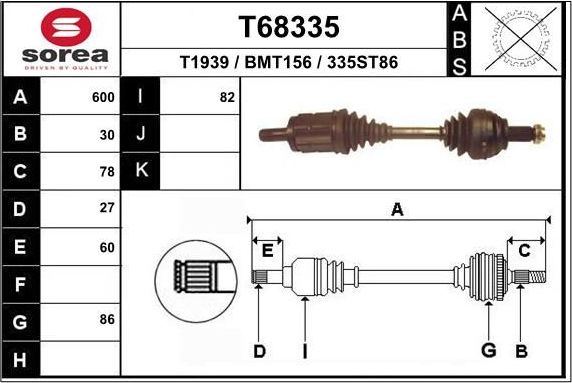 Полуось (привод в сборе, приводной вал) EAI. Артикул T68335