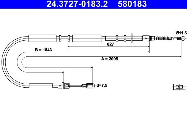 Трос ручника (тросик ручного тормоза) ATE для Audi A4 II (B6) 2000-2004. Артикул 24.3727-0183.2