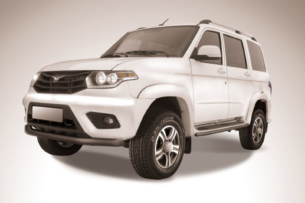 Защита Slitkoff переднего бампера d76 для УАЗ Patriot I рестайлинг 2014-2026 Черная. Артикул UP14-002B