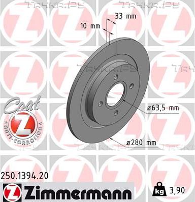 Тормозной диск Zimmermann Coat Z задний для Ford Focus I 2002-2004. Артикул 250.1394.20