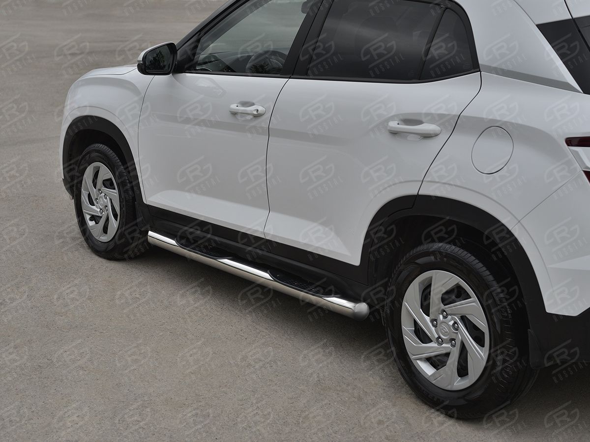 Защита порогов RusStal труба d76 с накладкой (вариант 3) для Hyundai Creta II 2021-2026. Артикул HCRT-0038243