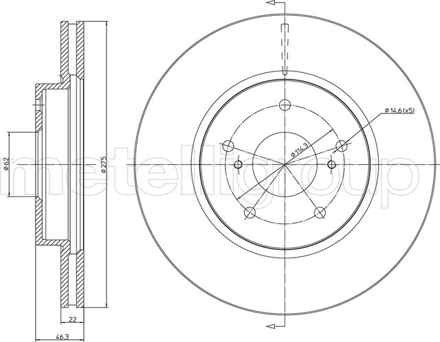 Тормозной диск Metelli передний для Toyota Corolla E170, E180 2013-2019. Артикул 23-0945C