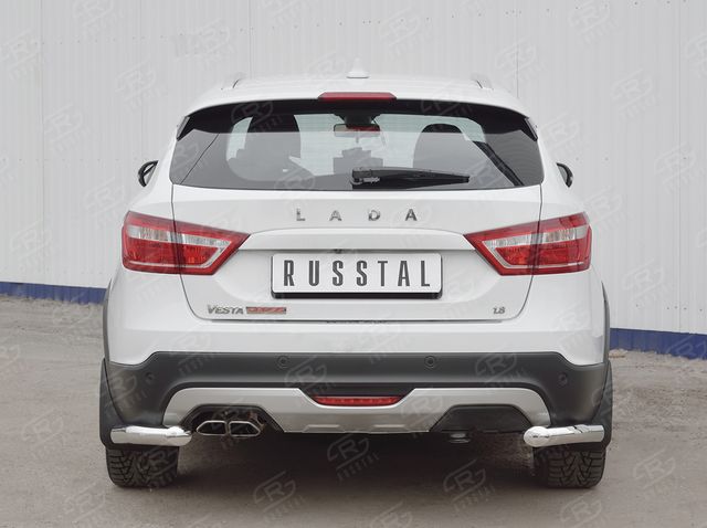 Защита RusStal заднего бампера уголки d63 секции для Lada Vesta SW Cross 2017-2026. Артикул LVZ-002852
