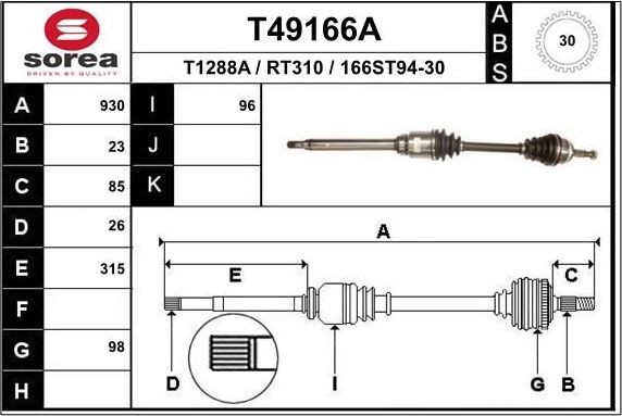 Полуось (привод в сборе, приводной вал) EAI. Артикул T49166A