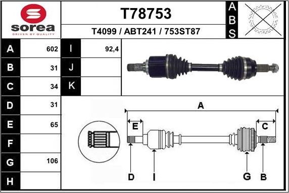 Полуось (привод в сборе, приводной вал) EAI. Артикул T78753