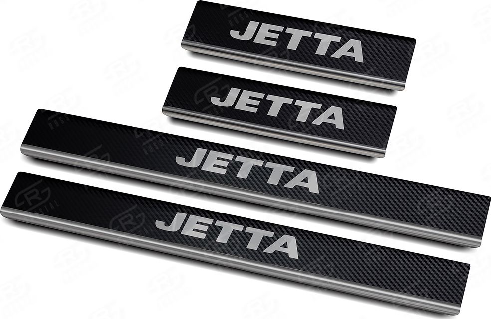 Накладки RusStal на пороги (лист нерж. карбон с надписью) для Volkswagen Jetta VI 2014-2018. Артикул VWJET14-06