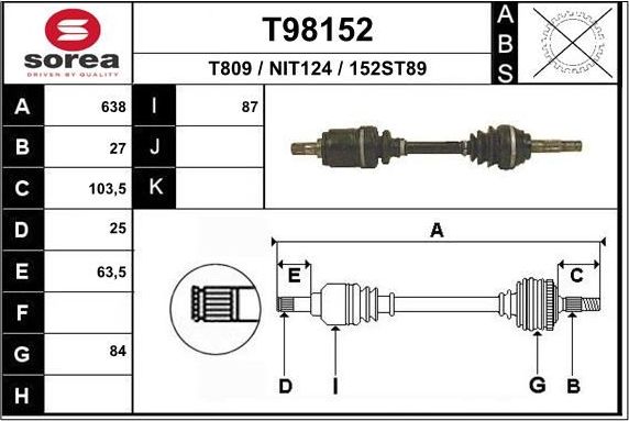 Полуось (привод в сборе, приводной вал) EAI. Артикул T98152