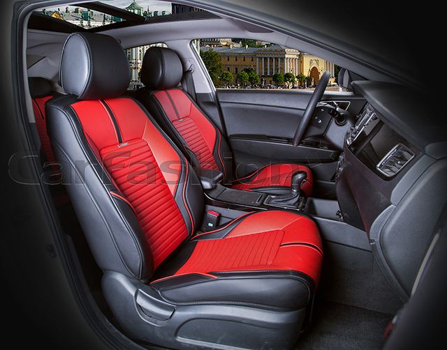 Накидки универсальные CarFashion Sector Leather на передние сидения авто, цвет Черный/Красный/Черный. Артикул 21385