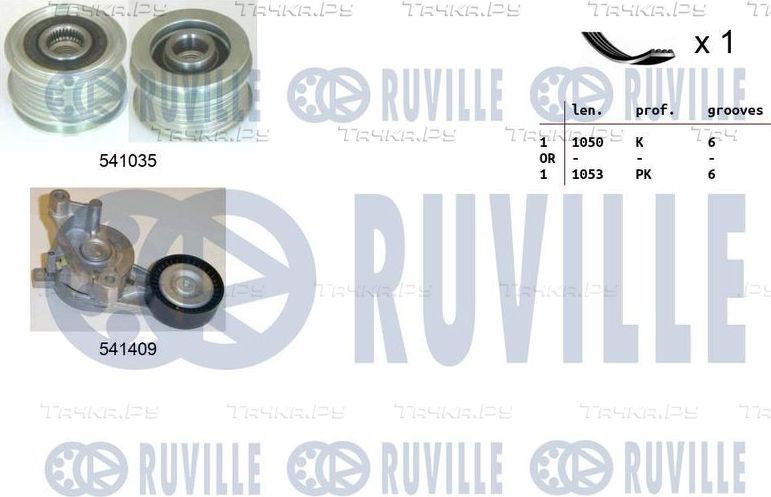 Приводной ремень поликлиновой с роликами (комплект) Ruville для Volkswagen Caddy III 2004-2010. Артикул 570102