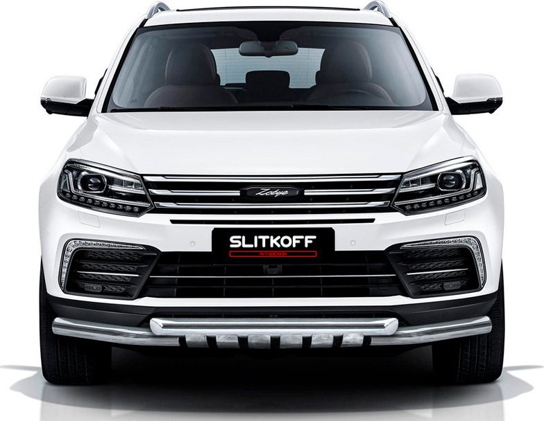 Защита Slitkoff переднего бампера d57+d57 с декоративными элементами для Zotye Coupa 2018-2026. Артикул ZOTCOP-001