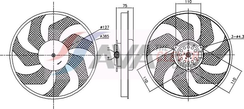 Вентилятор радиатора двигателя AVA (полимерный материал). Артикул RT7686
