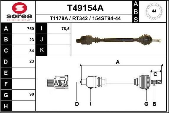 Полуось (привод в сборе, приводной вал) EAI. Артикул T49154A