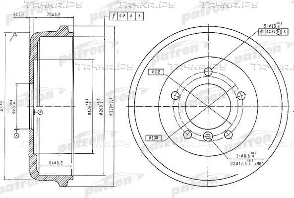 Тормозной барабан Patron задний для PUCH G-modell W460 1979-1991. Артикул PDR1096