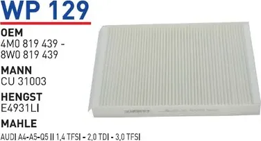 Фильтр салонный AUDI A4(B8)/A5/Q5 II/Q7 II WUNDER FILTER WP129 Wunder. Артикул WP129