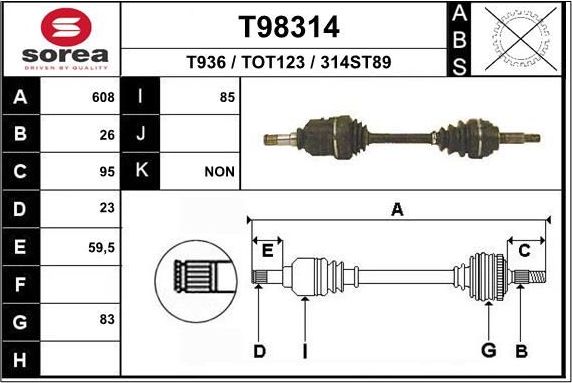 Полуось (привод в сборе, приводной вал) EAI. Артикул T98314