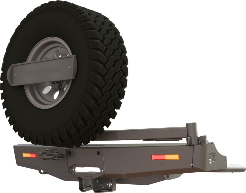 Бампер силовой STC задний для Mitsubishi L200 IV 2013-2015 (длинный кузов) с квадратом под фаркоп, площадкой под лебедку, кронштейном крепления запасного колеса по центру, кронштейном крепления гос номера и дублирующими фонарями. Артикул STC-ML200/13-BR-W-C1-L1