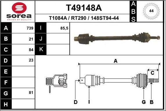 Полуось (привод в сборе, приводной вал) EAI. Артикул T49148A