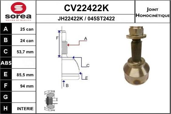 Шрус внутренний (граната) EAI передний для Ford Transit Connect I 2002-2013. Артикул CV22422K