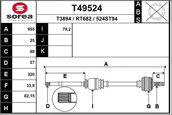 Полуось (привод в сборе, приводной вал) EAI. Артикул T49524