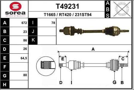 Полуось (привод в сборе, приводной вал) EAI передняя левая для Renault Megane II 2003-2010. Артикул T49231