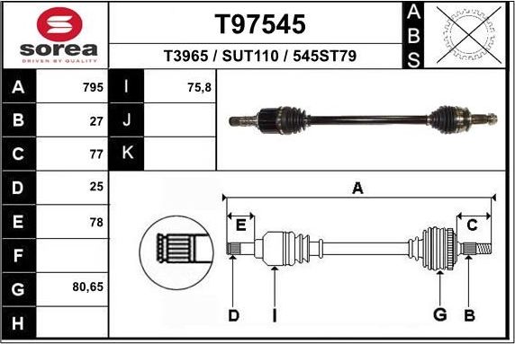 Полуось (привод в сборе, приводной вал) EAI. Артикул T97545