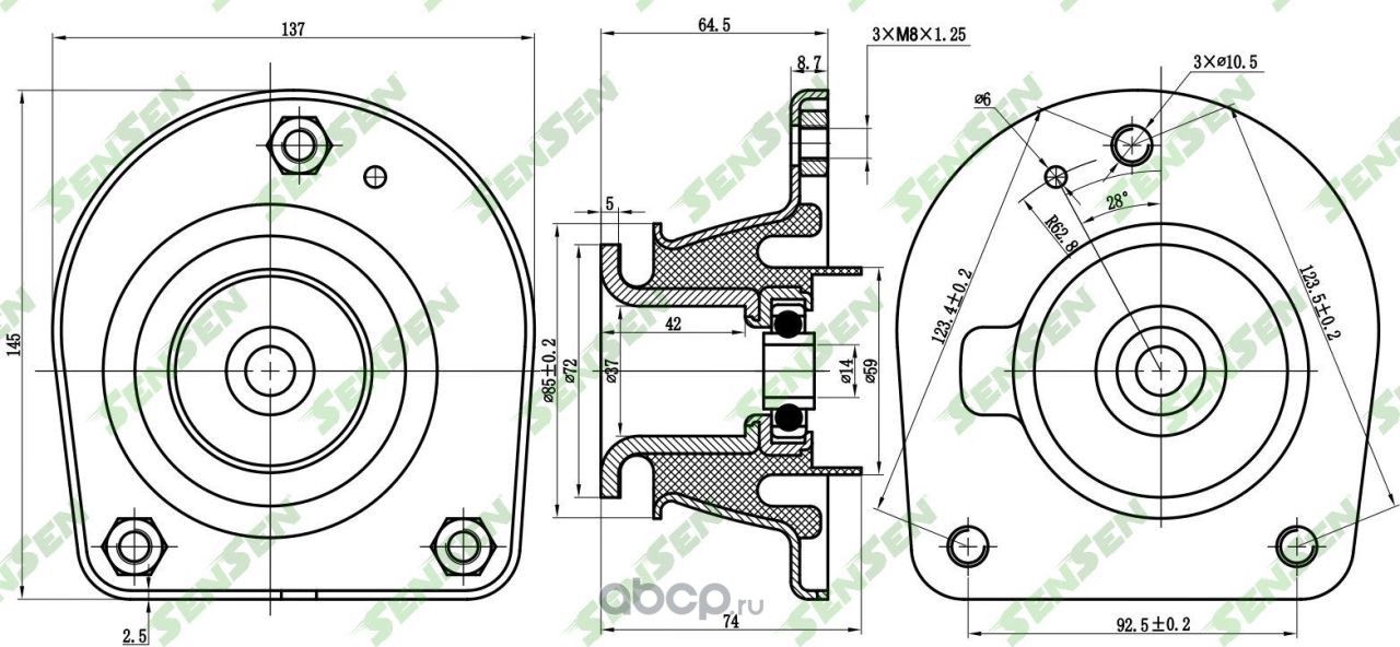 ОПОРА АМОРТИЗАТОРА ПЕРЕДНЕГО ПРАВОГО FIAT DOBLO/PALIO 96 (Sensen). Артикул M61215