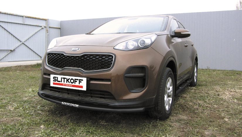 Защита Slitkoff переднего бампера d42 с надписью для Kia Sportage IV 2016-2018 Черная. Артикул KSP16-003B