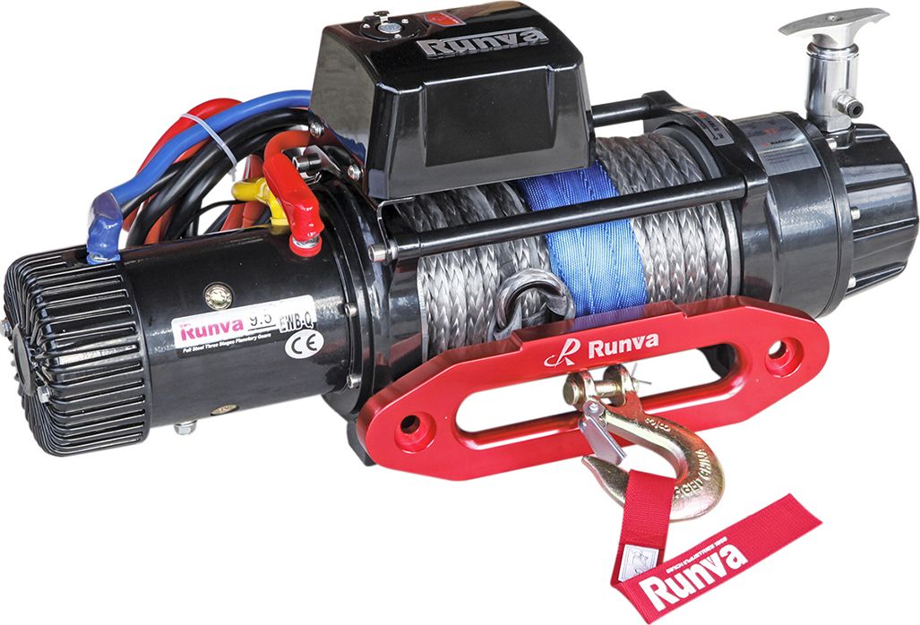 Лебёдка электрическая 12V Runva 9500 lbs 4350 кг влагозащищенная (синтетический трос) комбинированный роспуск. Артикул EWB9500-Q-SRMAC