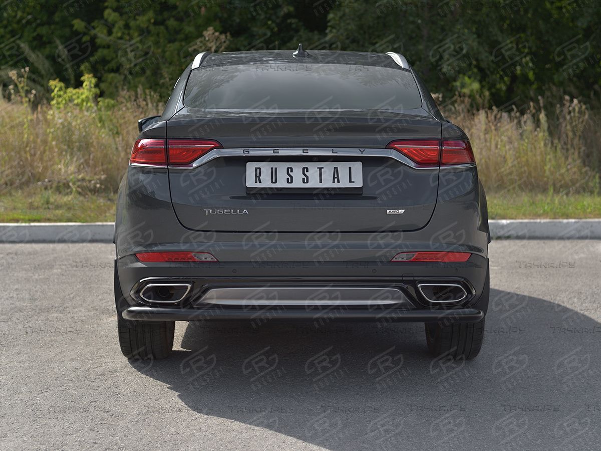 Защита RusStal заднего бампера d63 (секции) для Geely Tugella 2020-2026 Черная. Артикул GTGZ-003947CH