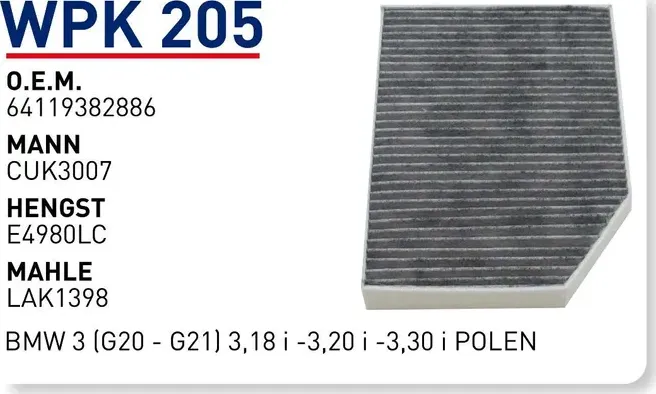 Фильтр салонный угольный (Wunder). Артикул WPK205